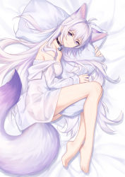 Rule 34 | 1girl, absurdres, animal ear fluff, animal ears, antenna hair, bare legs, bare shoulders, barefoot, bed sheet, bell, breasts, closed mouth, collar, commentary request, extra ears, fox ears, fox girl, fox tail, from above, full body, highres, jingle bell, kirby d a, large tail, long hair, long sleeves, looking at viewer, lying, medium breasts, neck bell, hugging object, off shoulder, on bed, on side, original, pillow, pillow hug, purple eyes, purple hair, shirt, smile, solo, tail, very long hair, white shirt