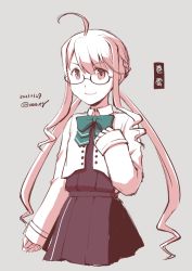 Rule 34 | 1girl, ahoge, blazer, braid, brown dress, brown eyes, character name, commentary request, cowboy shot, cropped legs, crown braid, dated, dress, glasses, grey background, jacket, kantai collection, long sleeves, makigumo (kancolle), makigumo kai ni (kancolle), muted color, nao (nao eg), one-hour drawing challenge, pink hair, pleated dress, school uniform, simple background, solo, twintails, twitter username