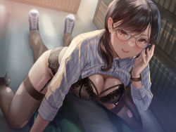 Rule 34 | 1boy, 1girl, backlighting, black bra, black footwear, black hair, black thighhighs, blush, bra, clothes lift, commentary, dot nose, forehead, full body, garter belt, garter straps, girl on top, glasses, hair behind ear, hand up, high heels, highres, indoors, lace, lace-trimmed bra, lace trim, library, lingerie, long hair, looking at viewer, low twintails, lower teeth only, open mouth, original, parted bangs, pleated shirt, red eyes, sakamuke, shadow, shirt lift, shoes, sneakers, solo focus, spread legs, sweat, teeth, thighhighs, tile floor, tiles, torn clothes, torn legwear, twintails, underwear, v-shaped eyebrows, watch, wristwatch