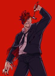 Rule 34 | 1boy, arm at side, arm up, belt, black jacket, black necktie, black pants, blonde hair, blood, blood on clothes, blood on face, blood on hands, blue eyes, chain, collared shirt, cowboy shot, dorohedoro, dress shirt, formal, from below, glasses, grin, hammer, highres, holding, holding hammer, holding weapon, incoming attack, jacket, jewelry, ki (mxxxx), long sleeves, looking at viewer, looking down, male focus, mask lift, necktie, pants, red background, ring, shin (dorohedoro), shirt, short hair, simple background, smile, solo, stitched fingers, stitched hand, suit, two-sided fabric, two-sided jacket, weapon, white shirt, wind