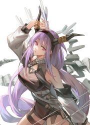 Rule 34 | 1girl, absurdres, arknights, armpits, bare shoulders, belt, black dress, bow (weapon), breasts, cleavage, cleavage cutout, clothing cutout, coat, commentary, cowboy shot, dress, highres, holding, holding bow (weapon), holding weapon, horns, large breasts, li2 su2, long hair, looking at viewer, multiple belts, parted lips, pink eyes, purple hair, simple background, solo, thigh strap, typhon (arknights), very long hair, wavy hair, weapon, white background, white coat