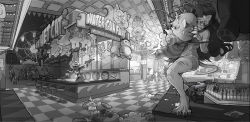 Rule 34 | absurdres, animal ears, animal hands, bottle, bulleta, capcom, carnival, cat ears, cat tail, claws, clenched teeth, crowd, erin shin, fangs, felicia (vampire), ferris wheel, fighting, greyscale, gun, hiding, highres, machine pistol, messy hair, monochrome, multiple boys, multiple girls, open mouth, picnic basket, running, stool, stuffed animal, stuffed toy, tail, target, teeth, vampire (game), weapon