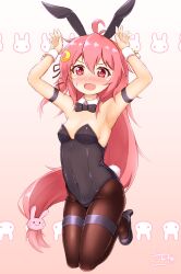 Rule 34 | 1girl, ahoge, alternate costume, animal ears, arm strap, armpits, black bow, black bowtie, black footwear, black leotard, black pantyhose, blush, bow, bowtie, breasts, covered navel, crescent, crescent hair ornament, detached collar, fake animal ears, fake tail, fang, full body, hair between eyes, hair ornament, hair ribbon, high heels, highleg, highleg leotard, highres, kantai collection, leotard, long hair, low-tied long hair, nose blush, open mouth, pantyhose, pink hair, playboy bunny, rabbit ears, rabbit hair ornament, rabbit pose, rabbit tail, red eyes, ribbon, skin fang, small breasts, solo, strapless, strapless leotard, tail, thigh strap, traditional bowtie, uzuki (kancolle), very long hair, zanne