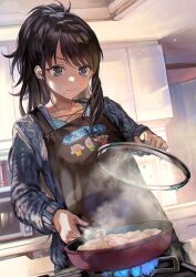 Rule 34 | 1girl, apron, black eyes, black hair, closed mouth, collarbone, cooking, dumpling, food, highres, idolmaster, idolmaster shiny colors, indoors, jiaozi, kazano hiori, kitchen, long sleeves, mole, mole under mouth, otsudou, ponytail, solo, steam, stove