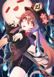 Rule 34 | 1girl, :d, :p, = =, bare tree, black hat, black nails, black shorts, brown hair, brown jacket, closed eyes, closed mouth, commentary request, fang, flower, genshin impact, ghost, hair between eyes, hands up, hat, hat flower, highres, hu tao (genshin impact), jacket, jewelry, long hair, nail polish, open mouth, otogi kyouka, red eyes, red flower, red shirt, ring, shirt, short shorts, shorts, smile, solo, tongue, tongue out, tree, twintails, very long hair