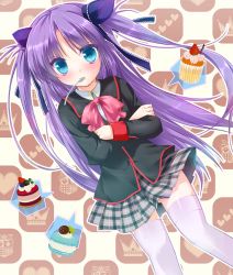 Rule 34 | 1girl, asahina yori, blue eyes, bow, cake, crossed arms, dessert, food, little busters!, long hair, mouth hold, pink bow, purple hair, sasasegawa sasami, school uniform, spoon, thighhighs, twintails, two side up