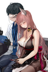 Rule 34 | 1boy, 1girl, animal ears, bare shoulders, bell, black hair, blue shirt, blush, breasts, brown hair, cat ears, cleavage, closed mouth, collarbone, dress, faceless, faceless male, girls&#039; frontline, girls&#039; frontline neural cloud, glass, glasses, gloves, head on another&#039;s shoulder, highres, lab coat, lace, large breasts, male professor (neural cloud), moran (pixiv27824646), neck bell, persica (girls&#039; frontline), professor (neural cloud), shirt, single glove, sitting, sleeping, white background