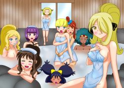 Rule 34 | 10s, 6+girls, bianca (pokemon), blonde hair, blue eyes, blush, breasts, caitlin (pokemon), cleavage, creatures (company), cynthia (pokemon), dark-skinned female, dark skin, elesa (pokemon), elite four, game freak, green hair, gym leader, hilda (pokemon), hiromon, iris (pokemon), large breasts, lenora (pokemon), long hair, looking at viewer, medium breasts, multiple girls, naked towel, nintendo, partially submerged, pokemon, pokemon bw, purple eyes, purple hair, shauntal (pokemon), skyla (pokemon), smile, towel, water