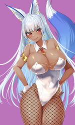 Rule 34 | 1girl, :q, animal ears, armlet, bare shoulders, blue tail, breasts, bunny day, cleavage, collar, commission, covered navel, cowboy shot, dark-skinned female, dark skin, detached collar, earrings, fishnet pantyhose, fishnets, highres, indie virtual youtuber, jewelry, large breasts, leotard, long hair, nairu nirvana, necktie, nidoneane, pantyhose, playboy bunny, purple background, red eyes, red necktie, short necktie, skeb commission, solo, tail, tan, tongue, tongue out, virtual youtuber, white collar, white hair, white leotard, white wrist cuffs, wrist cuffs