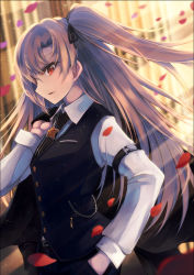 Rule 34 | 1girl, absurdres, animal ears, arm strap, asymmetrical bangs, azur lane, black jacket, black necktie, black ribbon, blonde hair, blue pants, blue vest, blush, border, breast pocket, breasts, chain, cleveland (azur lane), cleveland (gentry knight) (azur lane), collared shirt, floating hair, from side, gold, hair between eyes, hair ribbon, hand in pocket, highres, holding, holding clothes, holding jacket, jacket, light particles, long hair, long sleeves, looking at viewer, necktie, off shoulder, one side up, open mouth, otogi kyouka, outdoors, pants, parted bangs, petals, pocket, red eyes, ribbon, shirt, smile, solo, standing, star (symbol), striped clothes, striped necktie, striped neckwear, unworn jacket, vertical-striped clothes, vertical-striped necktie, very long hair, vest, white shirt, wind, wing collar
