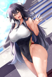 Rule 34 | 1girl, absurdres, ahoge, azuma (azur lane), azur lane, black hair, black one-piece swimsuit, blush, breasts, competition swimsuit, covered navel, day, hair between eyes, highleg, highres, large breasts, long hair, looking at viewer, one-piece swimsuit, open mouth, oriue wato, smile, solo, swimsuit, thighs, towel, white one-piece swimsuit, yellow eyes