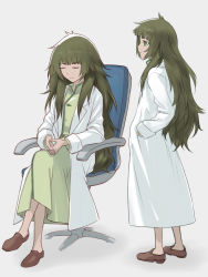 Rule 34 | 1girl, chair, dress, closed eyes, flat chest, full body, green eyes, green hair, grey background, hand in pocket, highres, hiyajou maho, lab coat, long hair, long sleeves, menomorute, multiple views, aged up, profile, shoes, simple background, sitting, standing, steins;gate, steins;gate 0