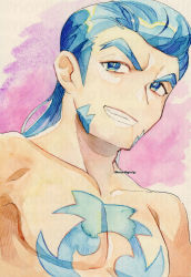Rule 34 | 1boy, blue eyes, blue hair, bright pupils, chest tattoo, collarbone, commentary request, creatures (company), facial tattoo, gaeric (pokemon), game freak, grin, highres, male focus, medium hair, nintendo, pectorals, pokemon, pokemon legends: arceus, smile, solo, tattoo, teeth, topless male, twitter username, white pupils, yamanashi taiki