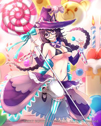 Rule 34 | 1girl, animal ears, asymmetrical legwear, bikini, black bikini, blurry, blurry background, bow, braid, breasts, brown hair, candy, cat ears, cleavage, detached collar, detached sleeves, ears through headwear, food, frills, glasses, hat, highleg, highleg bikini, highres, large breasts, lollipop, long hair, looking at viewer, mappaninatta, mismatched legwear, navel, official art, purple eyes, sarong, smile, solo, standing, standing on one leg, striped clothes, striped thighhighs, swimsuit, thighhighs, twin braids, venus rumble, vertical-striped clothes, vertical-striped thighhighs, watermark, witch hat