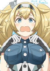 Rule 34 | 1girl, blonde hair, blue eyes, blue shirt, breast pocket, breasts, collared shirt, commentary request, dated, gambier bay (kancolle), gloves, gradient background, hair between eyes, hairband, headgear, highres, kamelie, kantai collection, large breasts, multicolored clothes, multicolored gloves, one-hour drawing challenge, open mouth, pocket, shirt, solo, twintails, twitter username, upper body, white background, white gloves