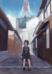 Rule 34 | 1girl, animal, aqua eyes, architecture, bird, black hair, black sailor collar, black serafuku, black skirt, bob cut, brown footwear, building, chicken, chinese commentary, closed mouth, commentary request, day, east asian architecture, facing viewer, highres, horns, house, loafers, long sleeves, looking away, neckerchief, original, others (gogo-o), outdoors, oversized animal, pleated skirt, red neckerchief, sailor collar, school uniform, serafuku, shoes, short hair, sideways glance, sitting, skin-covered horns, skirt, solo, wide shot