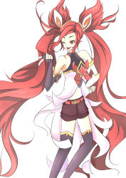 Rule 34 | 1girl, absurdres, alternate costume, alternate hair color, alternate hairstyle, elbow gloves, female focus, fingerless gloves, gloves, highres, jinx (league of legends), league of legends, long hair, magical girl, one eye closed, red hair, simple background, solo, standing, star guardian (league of legends), star guardian jinx, thighhighs, twintails, very long hair, white background, wink