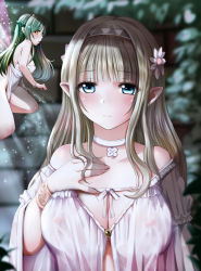 Rule 34 | 2girls, bare shoulders, blurry, blurry background, blush, breasts, brown hair, cleavage, closed mouth, coat, collarbone, commentary request, depth of field, dress, fairy, fairy wings, flower, green hair, hair flower, hair ornament, hairband, hand on own chest, hand up, kozue akari, long hair, long sleeves, medium breasts, mini person, minigirl, multiple girls, off-shoulder dress, off shoulder, original, pointy ears, very long hair, white coat, white dress, white flower, wide sleeves, wings, yellow eyes