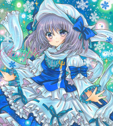 Rule 34 | 1girl, apron, blue background, blue ribbon, blue skirt, blue vest, breasts, closed mouth, cowboy shot, frilled apron, frilled shirt, frilled skirt, frilled sleeves, frills, green background, hat, hat ribbon, juliet sleeves, lapel pin, letty whiterock, long sleeves, looking at viewer, marker (medium), medium hair, mob cap, outstretched arms, outstretched hand, puffy sleeves, purple eyes, purple hair, ribbon, ribbon-trimmed apron, ribbon trim, rui (sugar3), sample watermark, scarf, shirt, skirt, small breasts, smile, snowflake background, solo, touhou, traditional media, vest, waist apron, watermark, white apron, white hat, white scarf, white shirt, wide sleeves