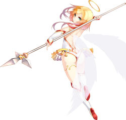 Rule 34 | 1girl, angel, angel wings, ass, bell, blonde hair, boots, detached sleeves, dev (dev0614), from behind, green eyes, halo, highres, holding, holding weapon, knee up, leotard, looking at viewer, looking back, original, polearm, short hair with long locks, simple background, solo, spear, thighs, weapon, white background, white footwear, white leotard, white sleeves, wings