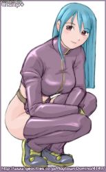 Rule 34 | 1girl, ass, belt, blue hair, blush, breasts, champ+, chaps, cropped jacket, gloves, kneeling, kula diamond, large breasts, long hair, midriff, no panties, purple eyes, red eyes, smile, snk, solo, squatting, the king of fighters, thigh gap, thighhighs, thighs, watermark, web address