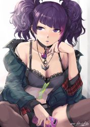 Rule 34 | 1girl, black bra, black choker, blush, bra, breasts, candy, cellphone, choker, cleavage, closed mouth, collarbone, commentary, diagonal bangs, earrings, food, highres, hiroki ree, holding, holding food, holding phone, idolmaster, idolmaster shiny colors, jacket, jewelry, lollipop, long hair, looking at viewer, medium breasts, multicolored hair, multiple earrings, nail polish, necklace, phone, pink hair, purple eyes, purple hair, purple lips, see-through, shirt, short twintails, sidelocks, signature, sitting, skirt, smartphone, solo, streaked hair, tanaka mamimi, thighhighs, twintails, underwear