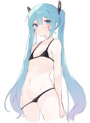 Rule 34 | 1girl, ahoge, arm at side, arm behind back, bikini, bikini pull, black bikini, blue eyes, blue hair, blush, breasts, clothes pull, cowboy shot, groin, hair ornament, hatsune miku, highres, long hair, looking at viewer, navel, otintin, simple background, sketch, small breasts, sweat, swimsuit, twintails, very long hair, vocaloid, white background