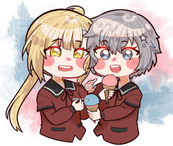 Rule 34 | 2girls, :d, absurdres, asymmetrical bangs, black ribbon, blonde hair, blue background, blunt bangs, blush stickers, chibi, commentary, commission, cropped torso, english commentary, flower, flower necklace, food, grey eyes, grey hair, hair ornament, highres, ice cream, ice cream cone, jewelry, layered sleeves, long hair, long sleeves, looking at food, magia record: mahou shoujo madoka magica gaiden, mahou shoujo madoka magica, mogu m.g, multiple girls, neck ribbon, necklace, open mouth, pink background, pocket, ponytail, red shirt, ribbon, sankyoin academy school uniform, school uniform, second-party source, shinobu akira (madoka magica), shirt, short hair, short over long sleeves, short sleeves, sidelocks, smile, sparkle, spoon, star (symbol), star hair ornament, swept bangs, upper body, very long hair, wing collar, yellow eyes, yellow flower, yusa hazuki
