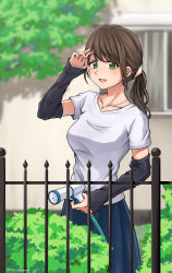 Rule 34 | 1girl, arm warmers, blurry, brown hair, commentary request, depth of field, detached sleeves, fence, green eyes, highres, holding, hose, jewelry, looking at viewer, necklace, original, outdoors, partial commentary, ponytail, setu kurokawa, solo, sweat
