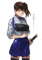 Rule 34 | 1girl, bad id, bad twitter id, black thighhighs, blue hakama, brown hair, closed mouth, fukazaki, hakama, hakama short skirt, hakama skirt, highres, holding, holding sword, holding weapon, japanese clothes, kaga (kancolle), kantai collection, katana, ponytail, side ponytail, simple background, skirt, solo, sword, tassel, thighhighs, weapon, white background, yellow eyes