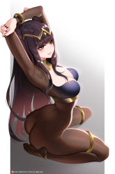 Rule 34 | 1girl, anklet, arched back, armpits, arms behind head, arms up, ass, black nails, blush, bodystocking, breasts, circlet, cleavage, closed mouth, collar, feet, fire emblem, fire emblem awakening, gradient background, highres, jewelry, legs, long hair, medium breasts, metal collar, nail polish, nintendo, scan, sitting, tharja (fire emblem), thighlet, tofuubear, two side up, wariza
