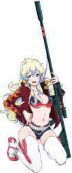 Rule 34 | + +, 1girl, absurdres, belt, bikini, bikini top only, bikini under clothes, black shorts, blonde hair, blue hair, boots, breasts, cosplay, cross-shaped pupils, curly hair, earrings, flame print, green eyes, gun, hair between eyes, hand on own hip, highres, jacket, jewelry, kneeling, large breasts, long hair, looking at viewer, multicolored hair, navel, nia teppelin, open clothes, open jacket, pretty-purin720, red jacket, rifle, short shorts, shorts, simple background, solo, stomach, studded belt, swimsuit, symbol-shaped pupils, tengen toppa gurren lagann, thigh boots, thighhighs, two-tone hair, weapon, white background, white thighhighs, yoko littner, yoko littner (cosplay)