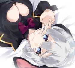 Rule 34 | 1girl, animal ears, aogiri koukou, bed sheet, black shirt, blue eyes, bow, bowtie, breasts, cleavage, cleavage cutout, clothing cutout, hair between eyes, heart cutout, large breasts, long sleeves, looking at viewer, lying, on back, rabbit ears, red bow, shirt, short hair, solo, tsushi, upper body, v, virtual youtuber, white hair, yamaguro nekuro
