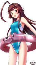 Rule 34 | 1girl, ahoge, aqua one-piece swimsuit, artist name, brown eyes, brown hair, collarbone, competition swimsuit, covered navel, cowboy shot, dated, fang, flat chest, highleg, highleg swimsuit, highres, huge ahoge, innertube, kantai collection, kuma (kancolle), long hair, looking at viewer, one-piece swimsuit, open mouth, simple background, standing, swim ring, swimsuit, tsuchimiya, white background