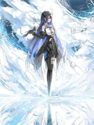 Rule 34 | 1girl, asymmetrical horns, bare shoulders, bident, bird, bird on hand, black hair, black sleeves, black thighhighs, black wings, blue hair, breasts, closed mouth, colored inner hair, crow, feathered wings, full body, fur trim, garter straps, hand up, highres, holding, holding polearm, holding weapon, hololive, hololive english, horns, hurybone, long hair, long sleeves, low wings, medium breasts, multicolored hair, musical note, nerissa ravencroft, nerissa ravencroft (1st costume), polearm, red eyes, shadow (nerissa ravencroft), solo, standing, thighhighs, two-tone hair, uneven horns, very long hair, virtual youtuber, weapon, wings