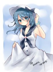 Rule 34 | 10s, 1girl, adapted costume, bad id, bad twitter id, blue eyes, blue hair, breasts, double bun, dress, gloves, gradient background, hair between eyes, hair bun, hat, highres, kantai collection, long hair, matching hair/eyes, sleeves rolled up, solo, souhi, sun hat, urakaze (kancolle), white hat