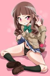 Rule 34 | brown hair, cellphone, clothes lift, digimon, highres, lifted by self, long hair, looking at viewer, panties, phone, pink eyes, pussy, skirt, skirt lift, smartphone, smile, smirk, tsukiyono ruli, underwear