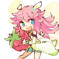 Rule 34 | 1girl, :d, alonemistrist, bare shoulders, blue eyes, detached sleeves, dragalia lost, dress, fairy, fairy wings, fang, flower, food, fruit, hair flower, hair ornament, holding, holding food, holding fruit, long hair, looking to the side, notte (dragalia lost), open mouth, pink hair, smile, solo, strawberry, white background, wings