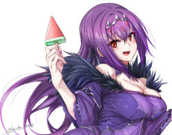 Rule 34 | 1girl, blush, breasts, cleavage, detached collar, dress, fate/grand order, fate (series), food, fur-trimmed dress, fur trim, hair between eyes, large breasts, leaning back, long hair, long sleeves, looking at viewer, open mouth, popsicle, purple dress, purple hair, red eyes, scathach (fate), scathach skadi (fate), smile, tiara, torichamaru, watermelon bar