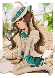 Rule 34 | 1girl, absurdres, aqua skirt, artist name, blurry, blurry background, blush, brown hair, closed mouth, dated, day, depth of field, fence, fingernails, hat, highres, kirimatsu, lamppost, long hair, long sleeves, looking at viewer, no shoes, on ground, original, outdoors, paper, pleated skirt, purple eyes, shirt, sidelocks, skirt, smile, solo, thighhighs, tree, twintails, very long hair, white hat, white shirt, white thighhighs