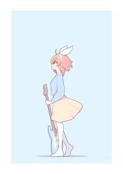 Rule 34 | 1girl, absurdres, blue background, blue shirt, commentary, english commentary, fizintine, from side, full body, glasses, guitar, hairband, highres, instrument, long sleeves, looking away, luna (fizintine), no shoes, original, pantyhose, pink hair, profile, shirt, short hair, simple background, skirt, solo, white hairband, white pantyhose, yellow skirt
