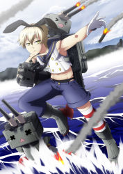 Rule 34 | &gt; &lt;, 10s, 1boy, anchor, animal ears, asymmetrical clothes, battle, black panties, blonde hair, cannon, closed eyes, firing, genderswap, genderswap (ftm), gloves, hair ornament, hairband, highres, kantai collection, kneehighs, lifebuoy, midriff, missile, muzzle flash, ocean, outstretched hand, panties, personification, rabbit ears, ramzaroma, rensouhou-chan, sailor collar, shimakaze-kun, shimakaze (kancolle), shimakaze (kantai collection), short hair, shorts, socks, striped clothes, striped legwear, striped thighhighs, swim ring, thighhighs, underwear, white gloves, x x, yellow eyes, | |
