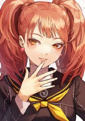 Rule 34 | 1girl, black sailor collar, brown eyes, brown hair, commentary request, earrings, fagi (kakikaki), finger to mouth, hand up, jewelry, kujikawa rise, lipstick, long hair, long sleeves, looking at viewer, makeup, neckerchief, parted lips, persona, persona 4, portrait, revision, sailor collar, school uniform, serafuku, simple background, smile, solo, twintails, white background, yasogami school uniform, yellow neckerchief