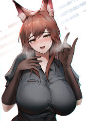 Rule 34 | 1girl, animal ear fluff, animal ears, arknights, black shirt, blush, breasts, brown eyes, brown gloves, brown hair, collared shirt, commentary, fox ears, fox girl, fox shadow puppet, franka (arknights), gloves, heart, heavy breathing, highres, krirk, large breasts, long hair, looking at viewer, open mouth, shirt, short sleeves, smile, solo, teeth, upper body, upper teeth only