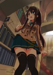 Rule 34 | &gt;:o, 1girl, :o, absurdres, black thighhighs, blurry, book, brown hair, clenched hand, depth of field, green eyes, highres, library, long hair, open mouth, original, pleated skirt, school uniform, skirt, solo, tekka maki (wafuu-bune), thighhighs, v-shaped eyebrows, zettai ryouiki