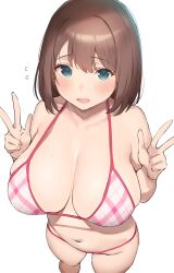 Rule 34 | 1girl, absurdres, bare shoulders, bikini, blue eyes, blush, breasts, brown hair, cleavage, collarbone, commentary request, double v, fang, feet out of frame, from above, highres, huge breasts, looking at viewer, navel, nekoshoko, open mouth, pink bikini, saki (manga), short hair, simple background, smile, solo, standing, swimsuit, thighs, unozawa shiori, v, white background