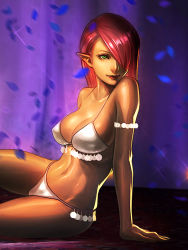 Rule 34 | 1girl, arm support, armlet, bikini, breasts, dancer, green eyes, hair over one eye, large breasts, lie-on, light smile, lipstick, makeup, navel, original, petals, pointy ears, red hair, shiny skin, shuichi wada, sitting, solo, strap gap, swimsuit, white bikini