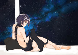 Rule 34 | 10s, 1girl, animal focus, ass, backless dress, backless outfit, bare back, bare legs, barefoot, black cat, black hair, black panties, cat, dress, eye contact, feet, full body, hayami kanade, highres, idolmaster, idolmaster cinderella girls, kanamura will, looking at another, lying, meme attire, on side, panties, parted bangs, pillow, short hair, soles, solo, space, star (sky), star (symbol), starry background, sweater, sweater dress, toes, turtleneck, turtleneck sweater, underwear, virgin killer sweater, window, yellow eyes