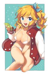 Rule 34 | 1girl, :d, between legs, bikini, bikini under clothes, blonde hair, blue eyes, blue ribbon, blush, breasts, cellphone, cleavage, collarbone, green background, grid background, hair ribbon, hand between legs, hand up, hazuki (nature.), highres, holding, holding phone, idolmaster, idolmaster cinderella girls, idolmaster cinderella girls starlight stage, jacket, jacket on shoulders, large breasts, long hair, long sleeves, looking at viewer, multicolored clothes, multicolored jacket, navel, off shoulder, ohtsuki yui, open mouth, outside border, phone, pink nails, polka dot, polka dot ribbon, ponytail, ribbon, single bare shoulder, sitting, smartphone, smartphone case, smile, solo, swimsuit, teeth, two-tone jacket, upper teeth only, wavy hair, white bikini