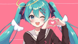 Rule 34 | 1girl, absurdres, alternate costume, angel, angel wings, black shirt, blouse, blue eyes, blue hair, collared shirt, halo, hatsune miku, header, heart, heart hands, highres, looking at viewer, noneon319, one eye closed, open mouth, sailor collar, school uniform, shirt, smile, solo, thread, twintails, vocaloid, wings